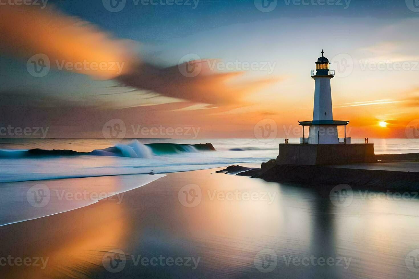 a lighthouse stands on the shore of a beach at sunset. AI-Generated photo