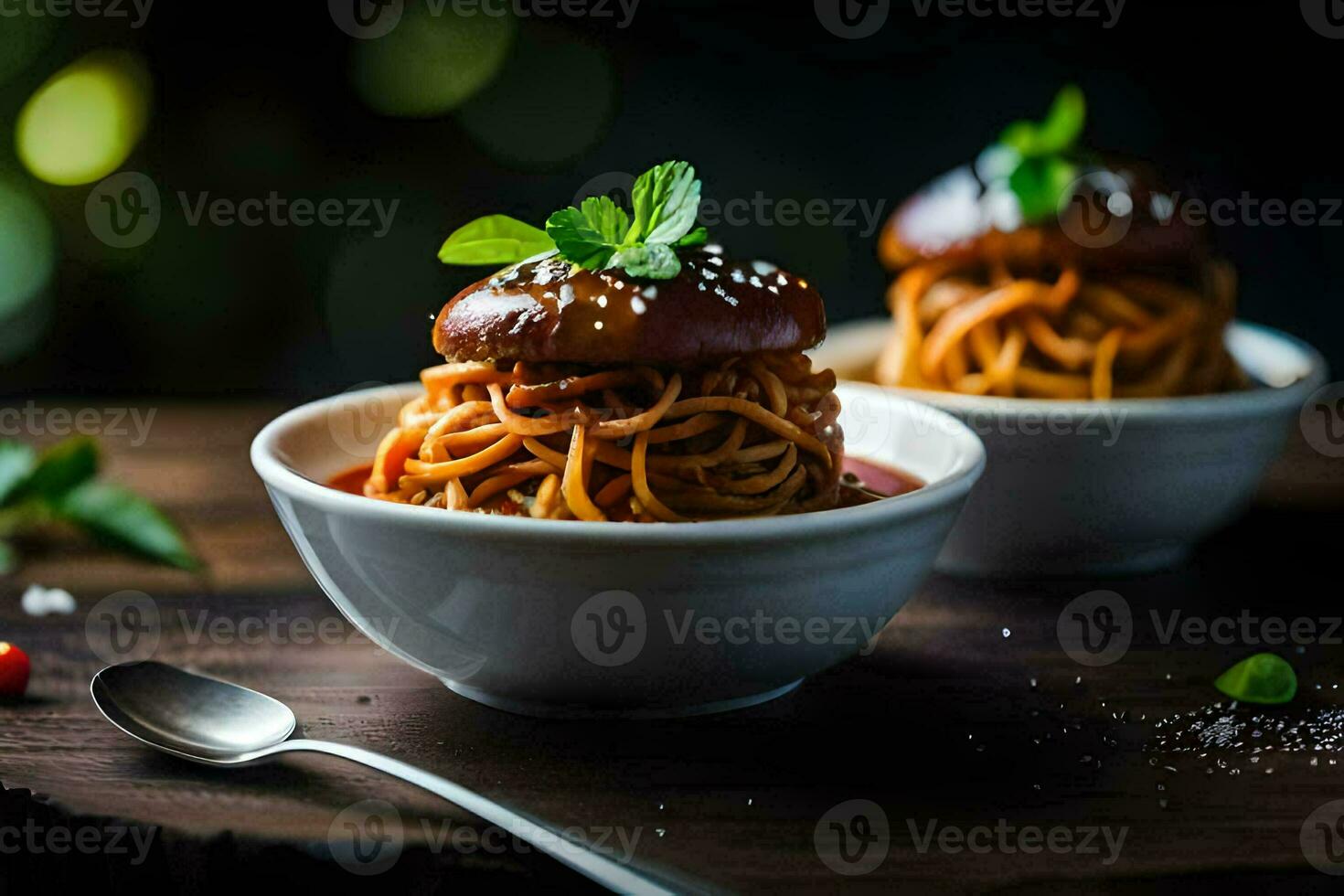 spaghetti and meatballs in a bowl. AI-Generated photo