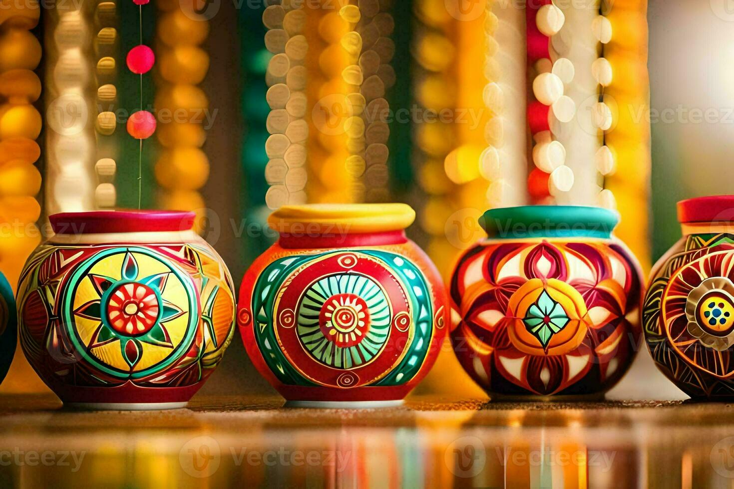 colorful diyas are lined up in a row. AI-Generated photo