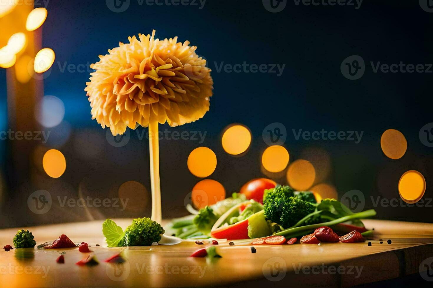 a flower on a wooden table with food. AI-Generated photo
