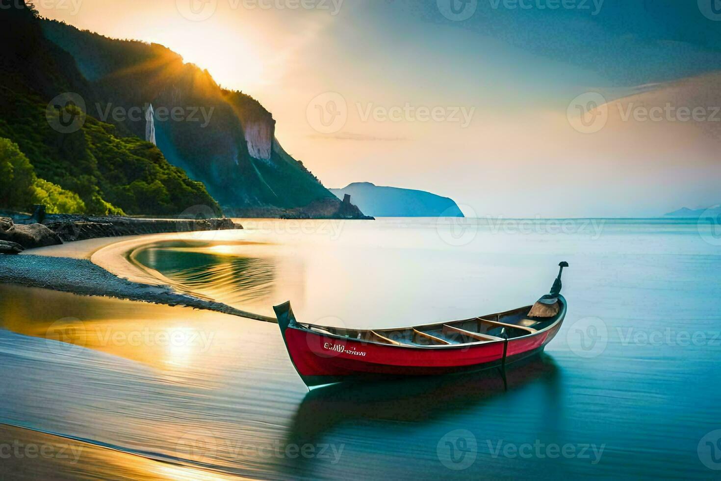 a red boat sits on the beach at sunset. AI-Generated photo