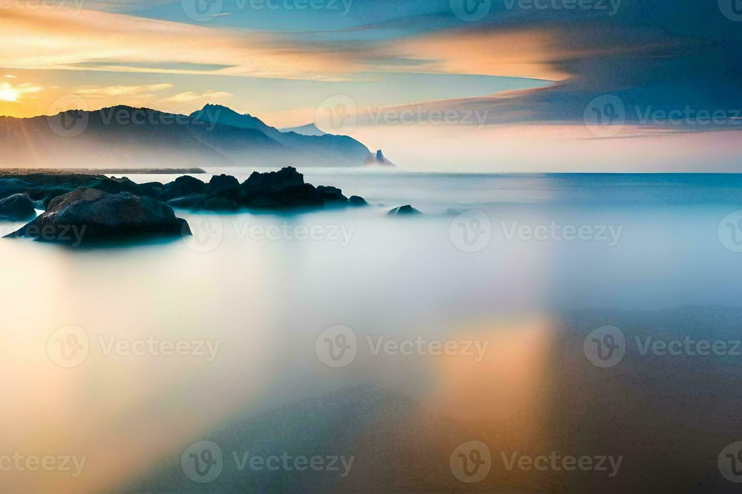 a long exposure photograph of the ocean and mountains at sunset. AI-Generated photo