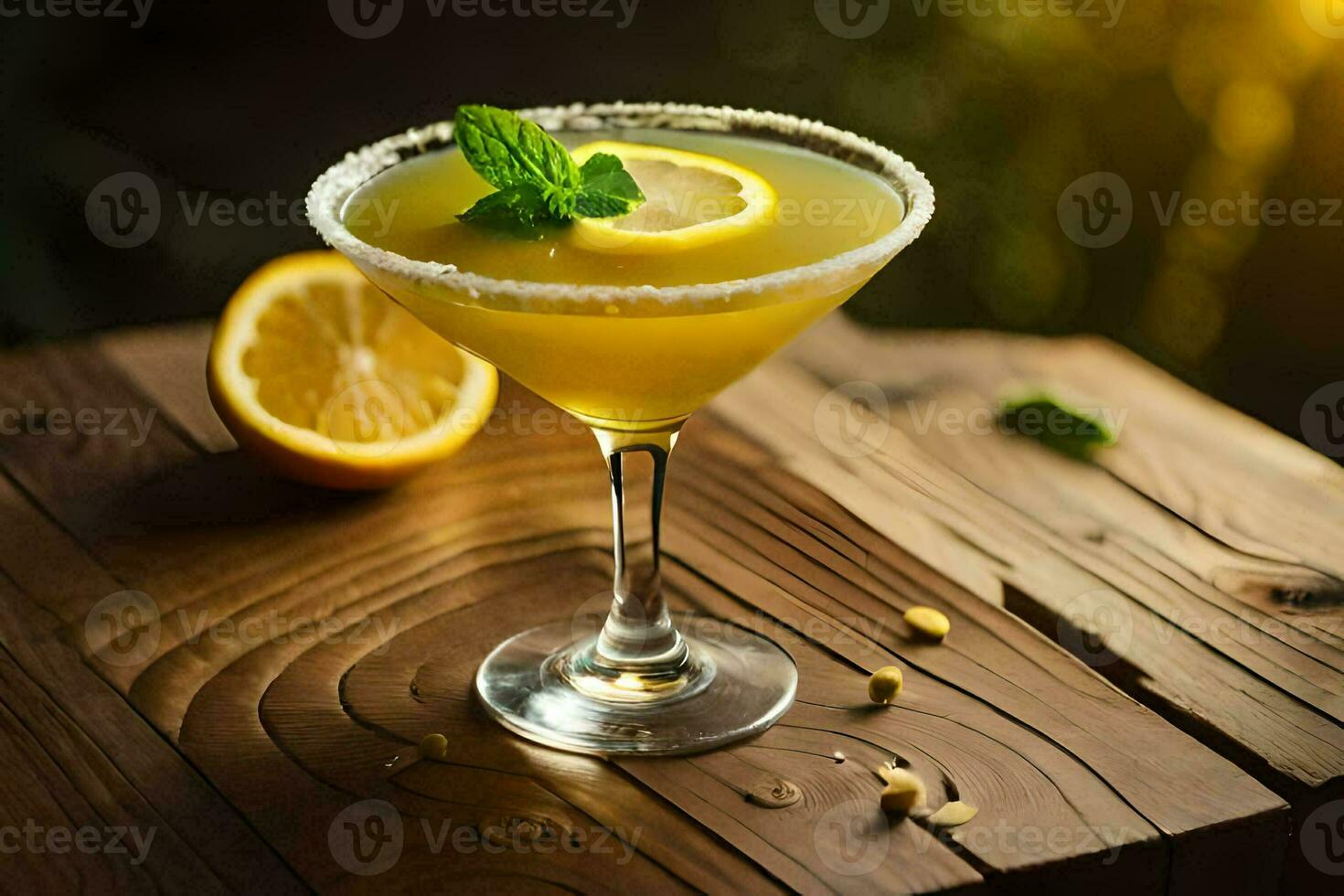 a cocktail with lemon and mint on a wooden table. AI-Generated photo