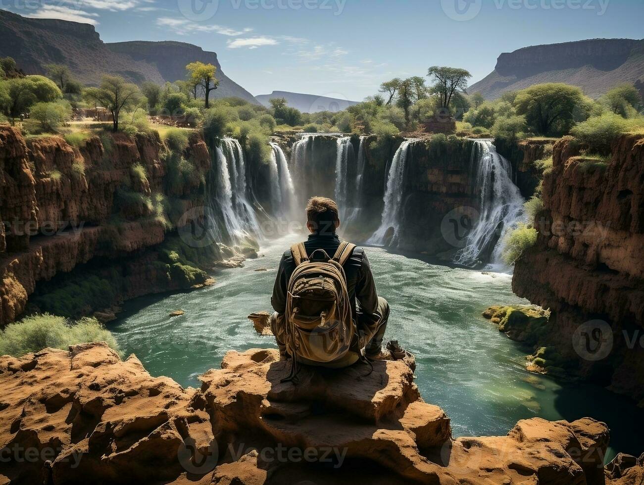 A traveler sitting at the edge of a breathtaking cliff, overlooking a vast canyon below, with a serene waterfall cascading into a crystal-clear pool generative ai photo