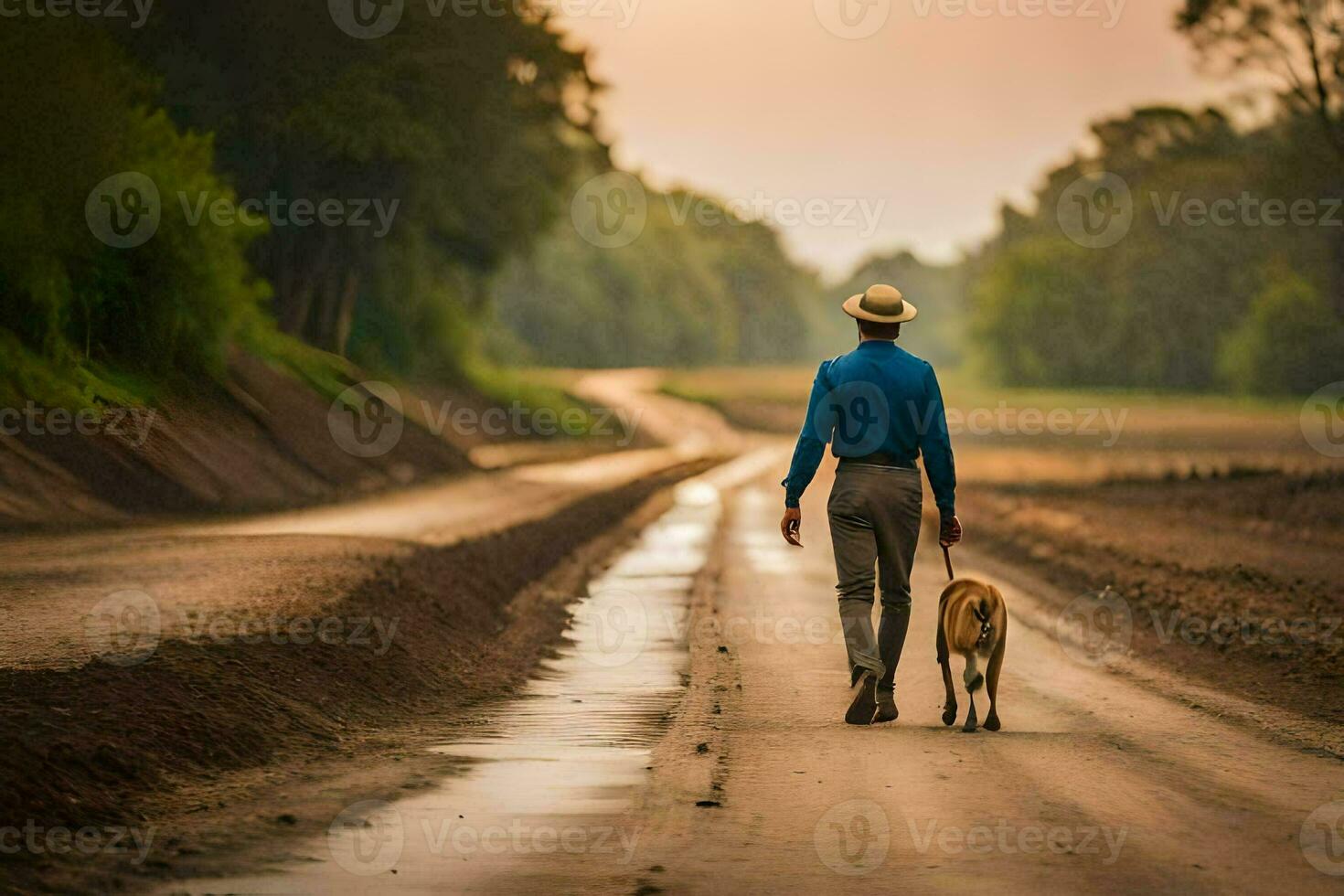 un hombre caminando su perro abajo un suciedad la carretera. generado por ai foto