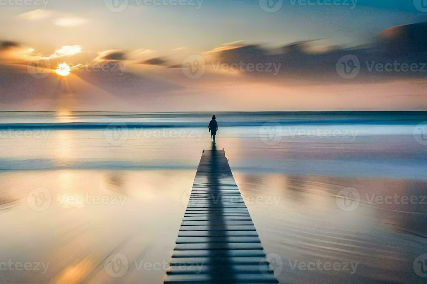 un persona en pie en un muelle a puesta de sol. generado por ai foto