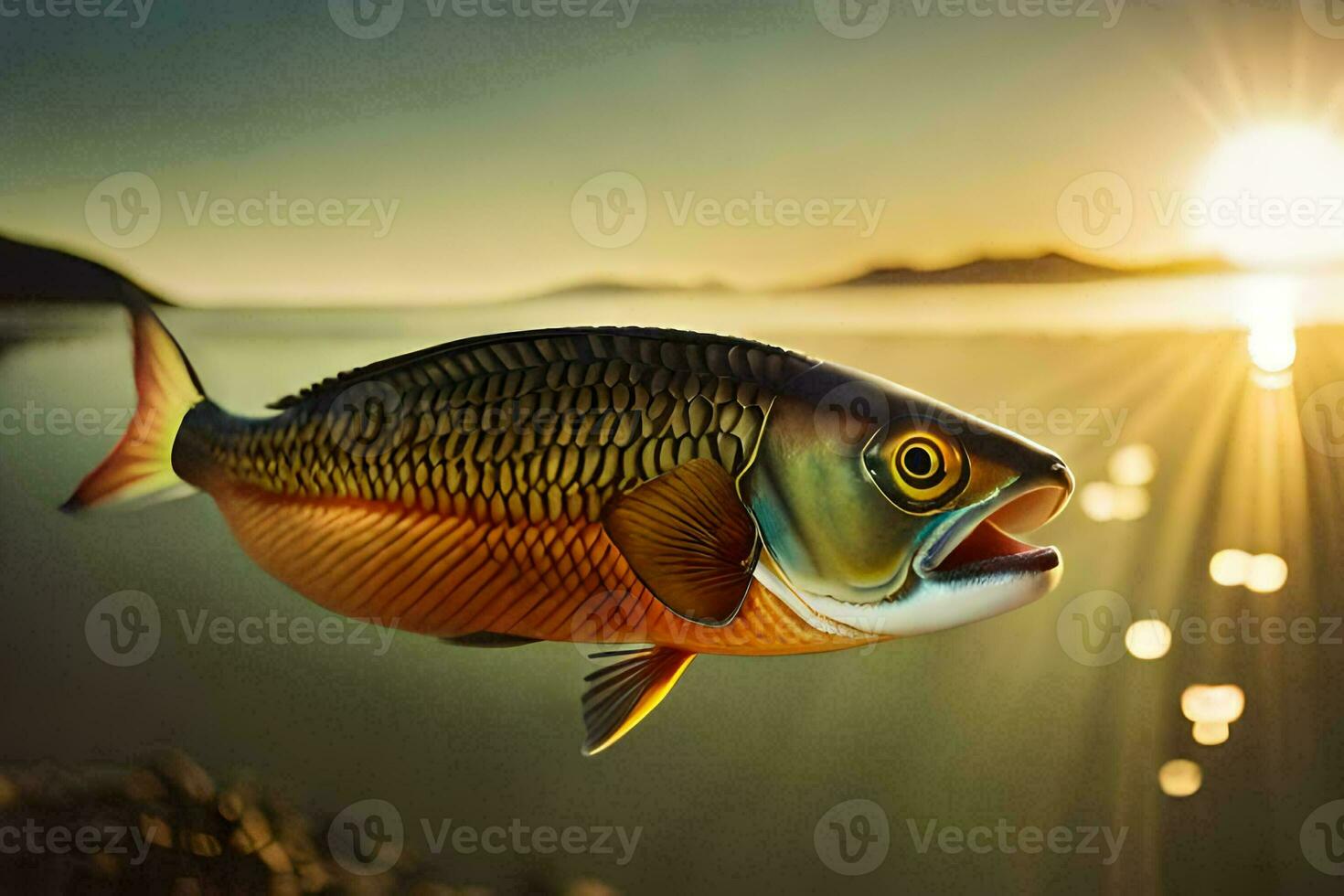 a fish is flying over the water at sunset. AI-Generated photo