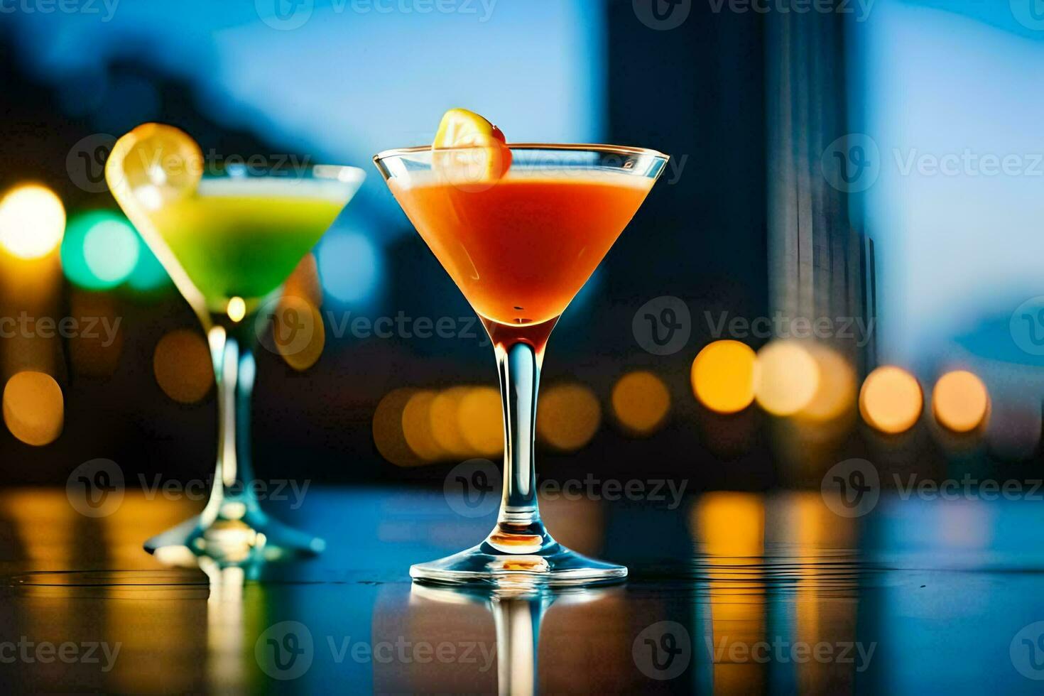 two colorful cocktails sit on a table in front of a city skyline. AI-Generated photo