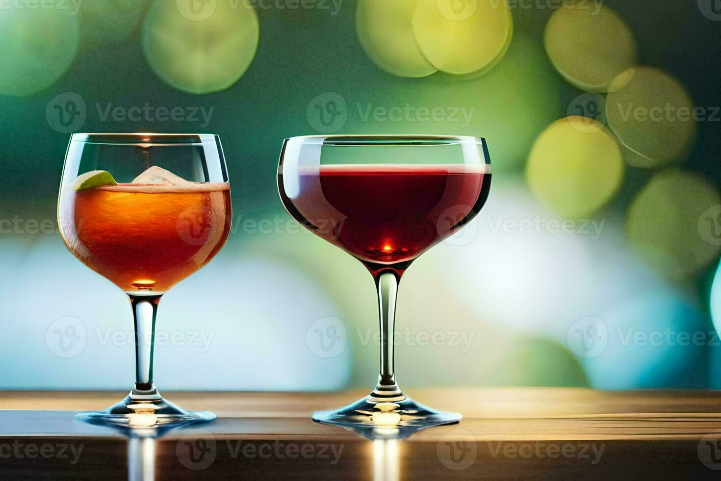 two glasses of wine and a cocktail on a table. AI-Generated photo