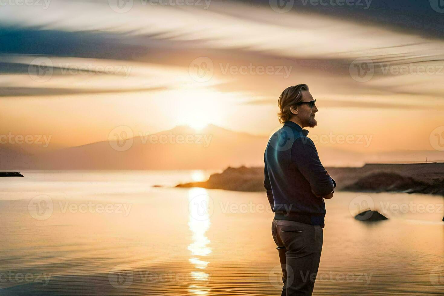 a man standing on the beach at sunset. AI-Generated photo