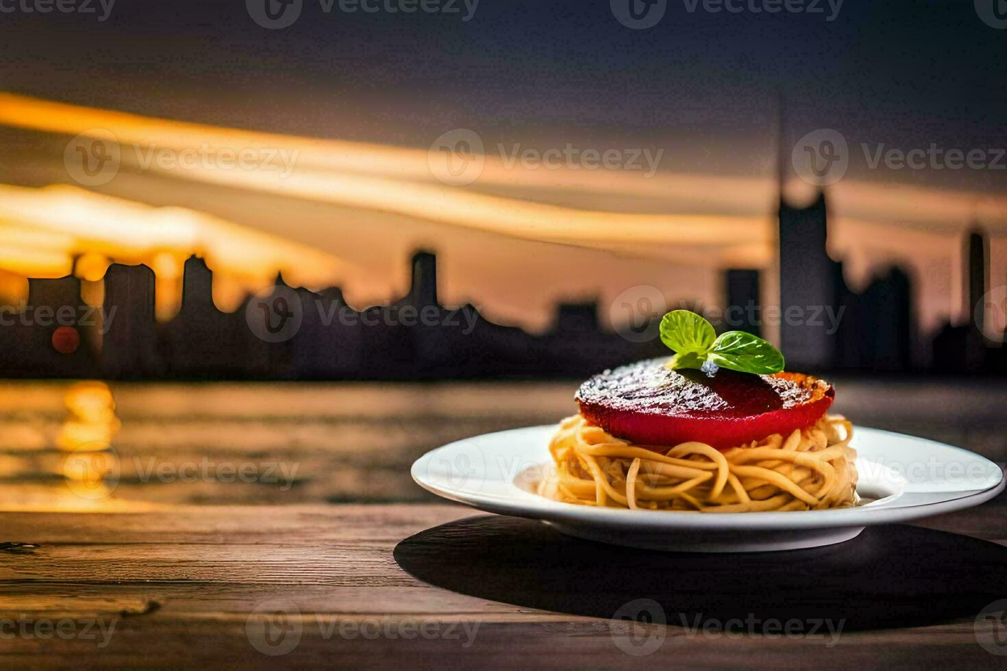 a plate of spaghetti with tomato and basil on a wooden table in front of the city skyline. AI-Generated photo