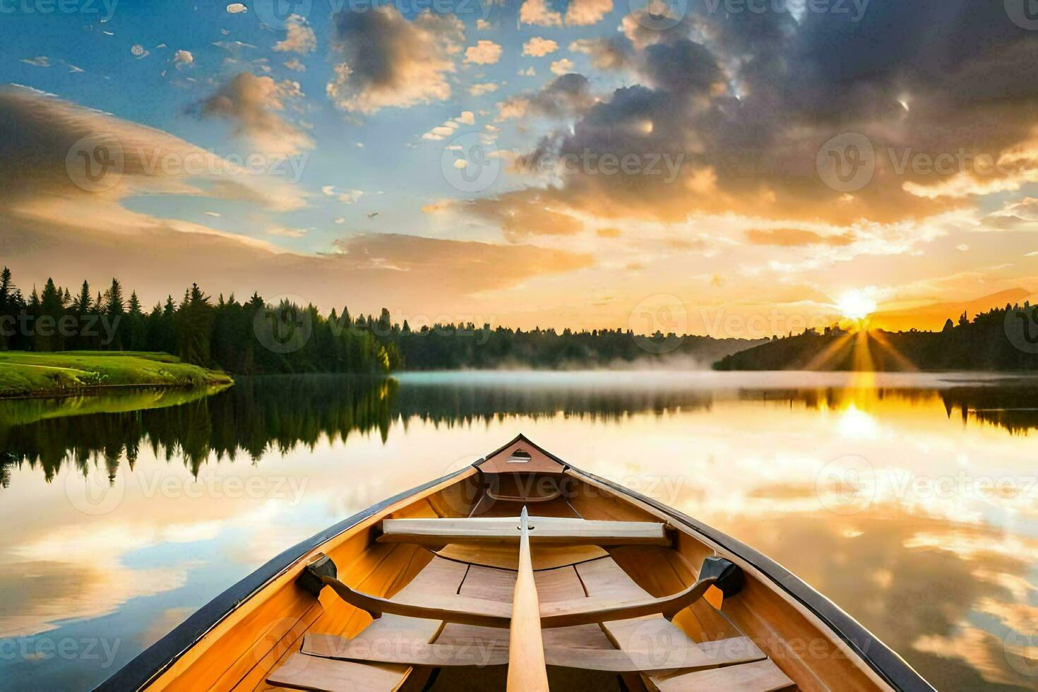 a canoe is floating on the calm waters of a lake. AI-Generated photo