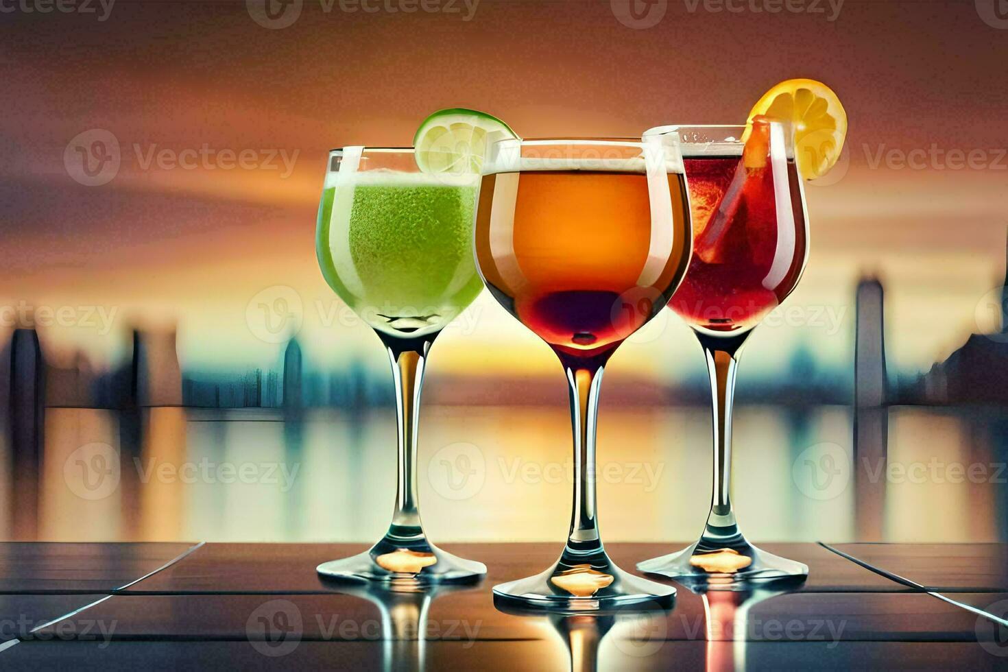 three glasses of different colored drinks on a table. AI-Generated photo