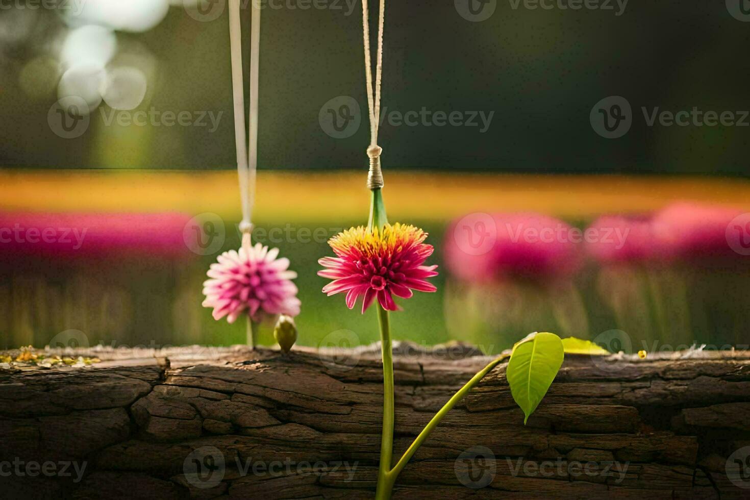 two pink flowers hanging from a wooden post. AI-Generated photo