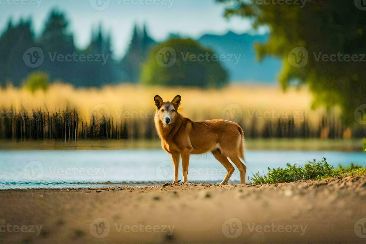 a dingo stands on the shore of a lake. AI-Generated photo