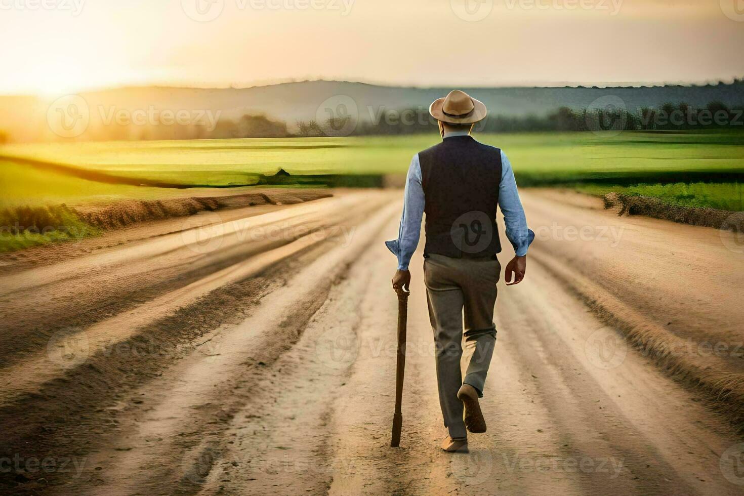 a man walking down a dirt road with a cane. AI-Generated photo