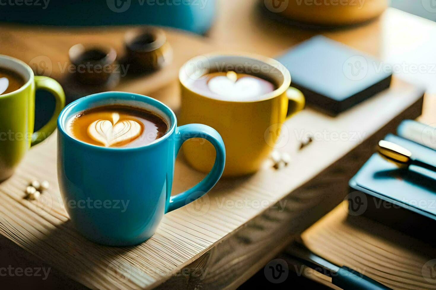 three coffee cups with latte art on them. AI-Generated photo