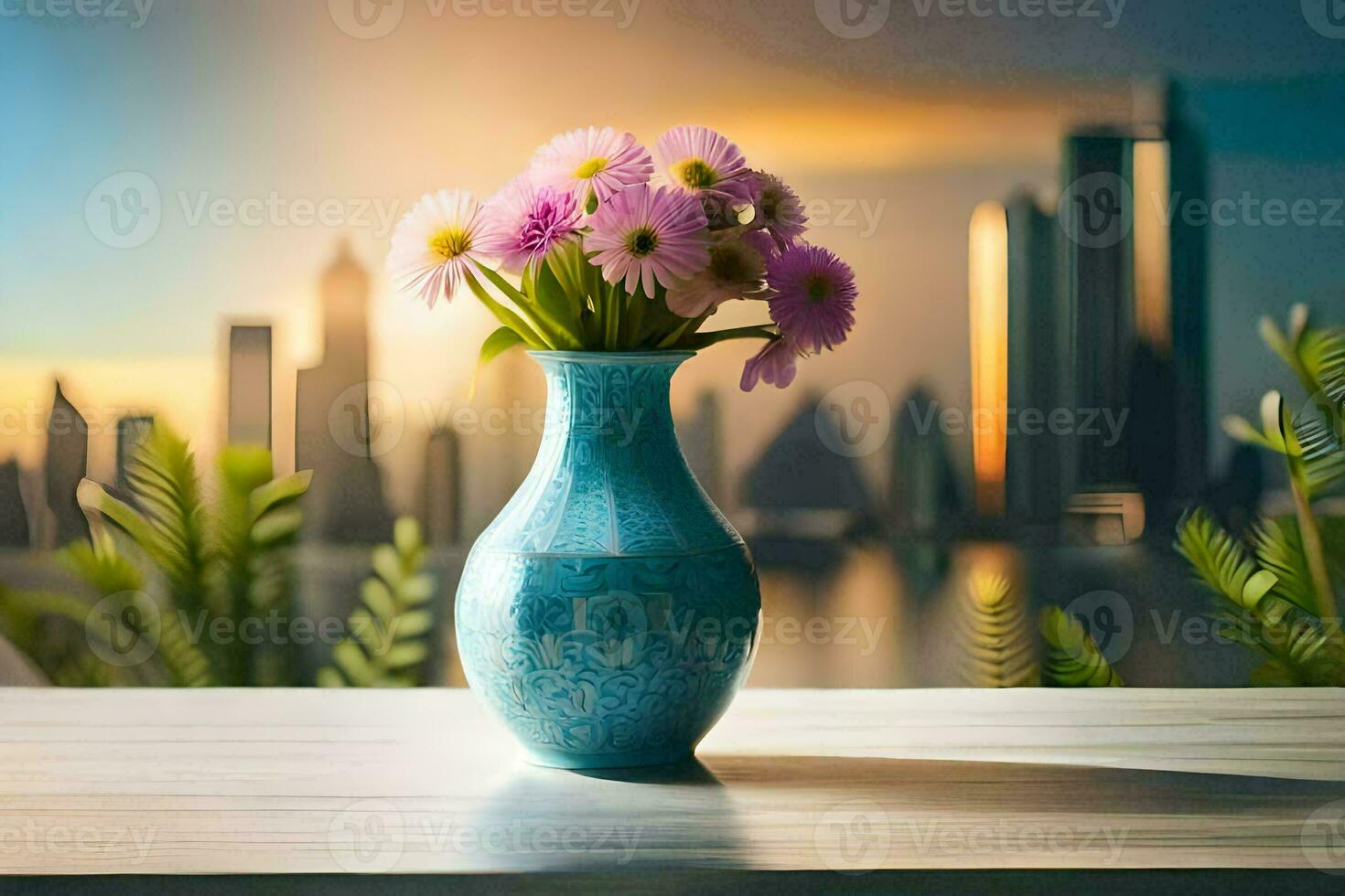 a vase with flowers on a table in front of a city skyline. AI-Generated photo