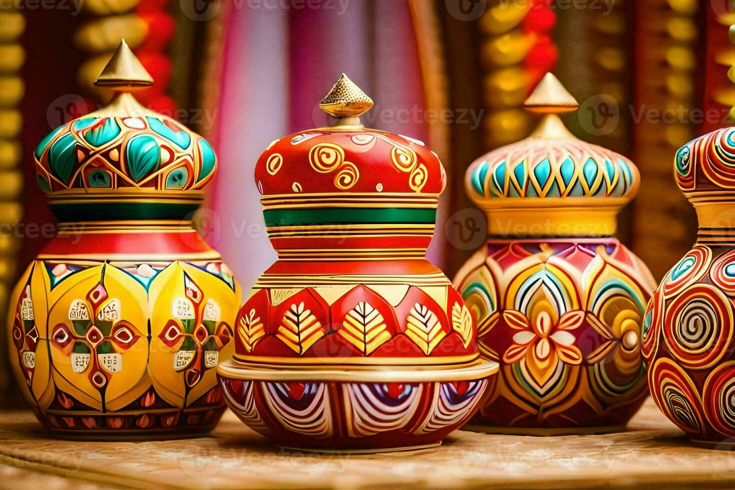 colorful painted pots on display in a shop. AI-Generated photo