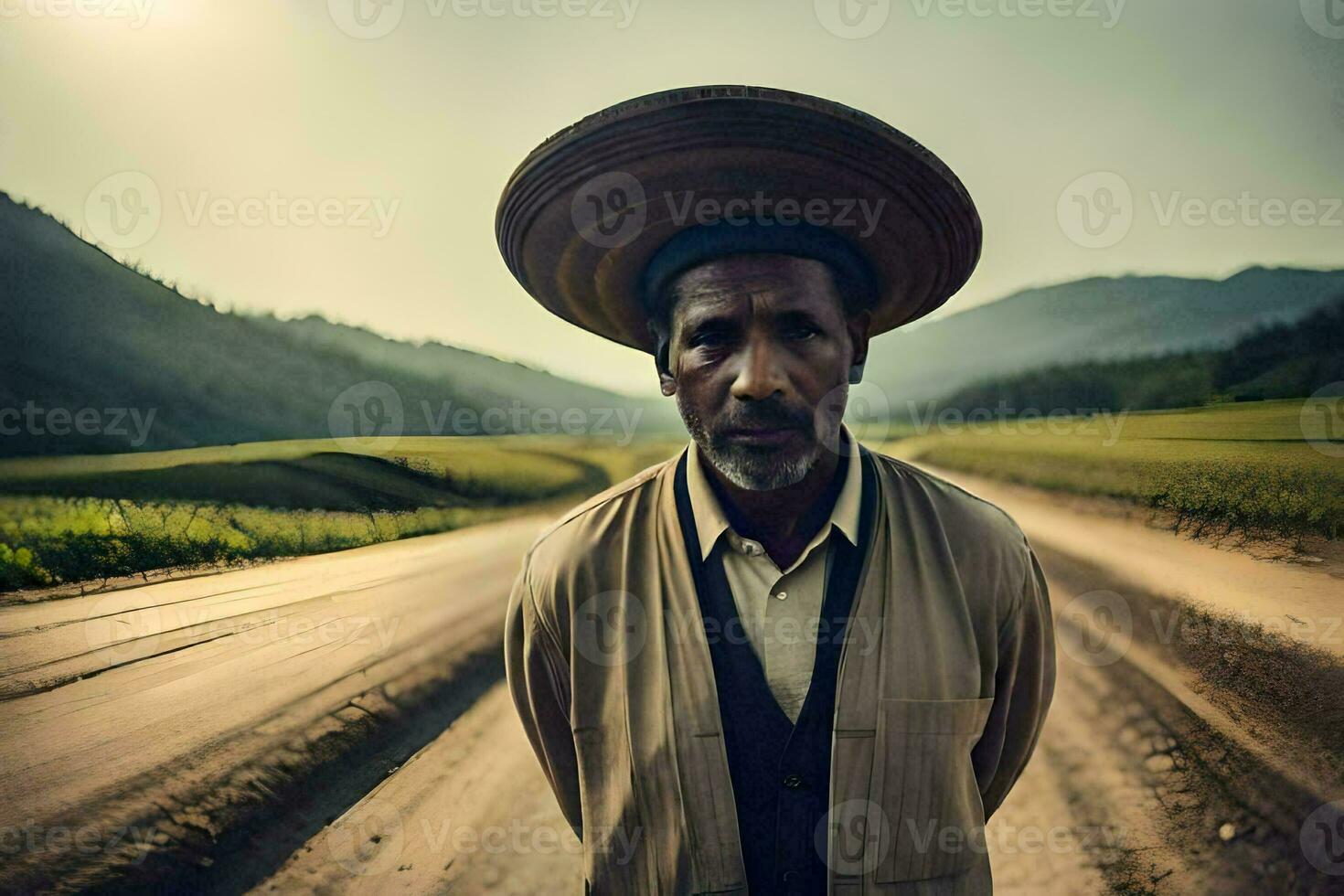 a man wearing a hat standing on a dirt road. AI-Generated photo