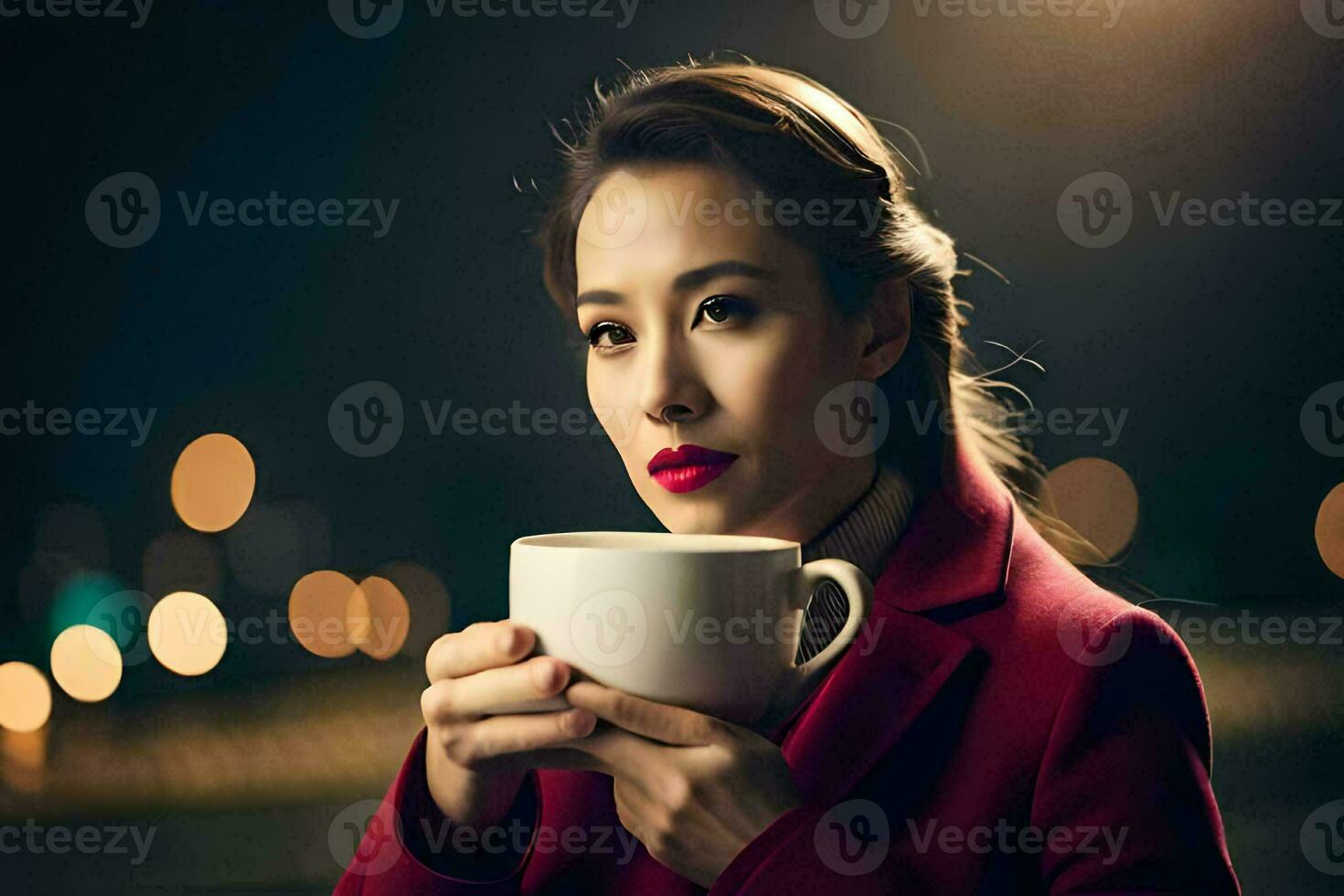 a woman in red coat holding a cup of coffee. AI-Generated photo