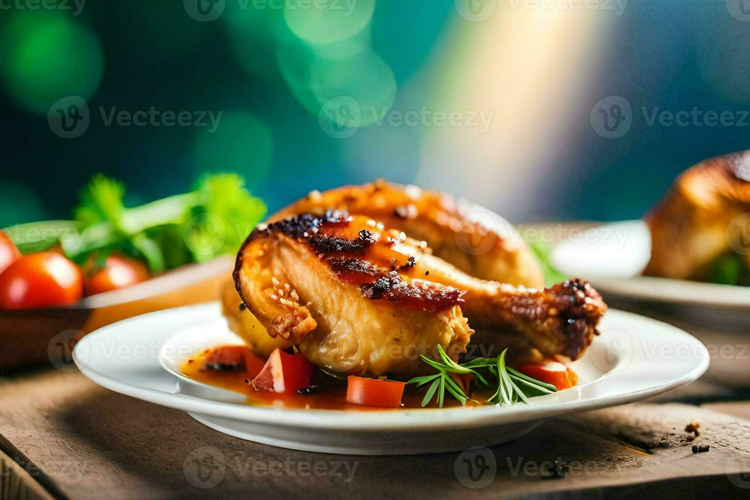 dos pollo piernas en un plato con Tomates y hierbas. generado por ai foto