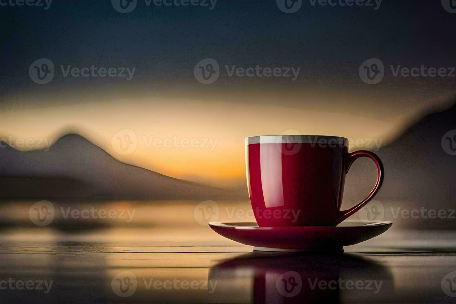 a red cup sits on a saucer in front of a lake. AI-Generated photo