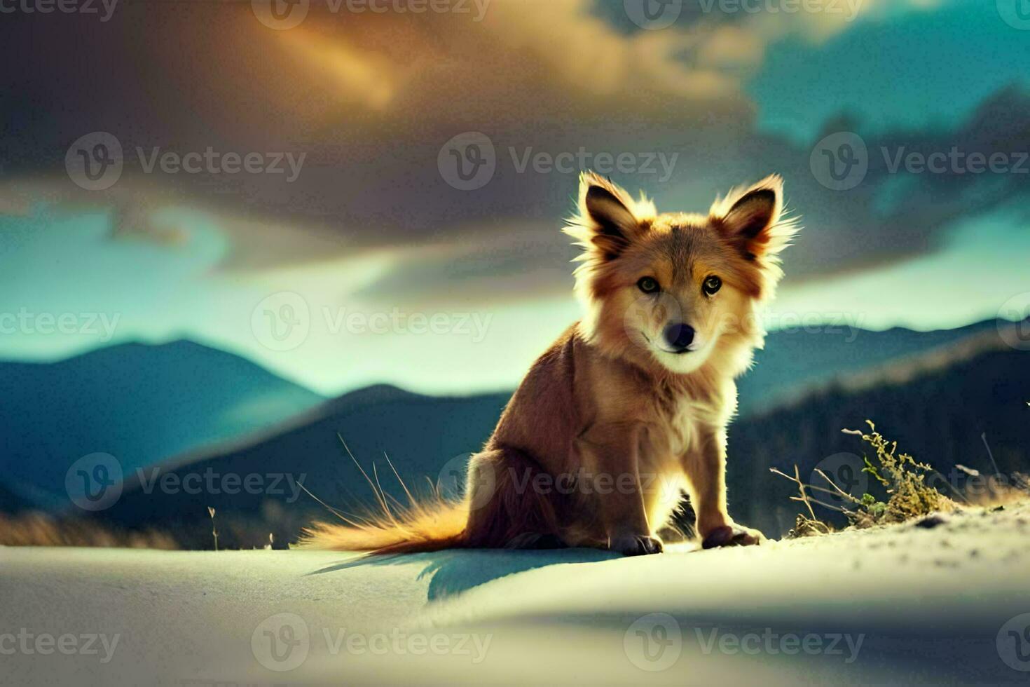 a dog sitting on the sand in front of mountains. AI-Generated photo