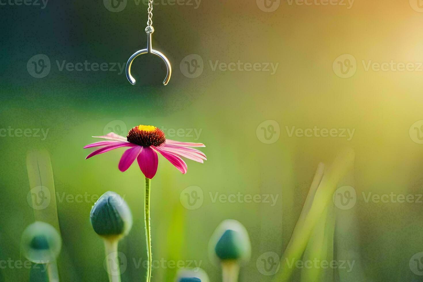 a pink flower with a horseshoe hanging from it. AI-Generated photo