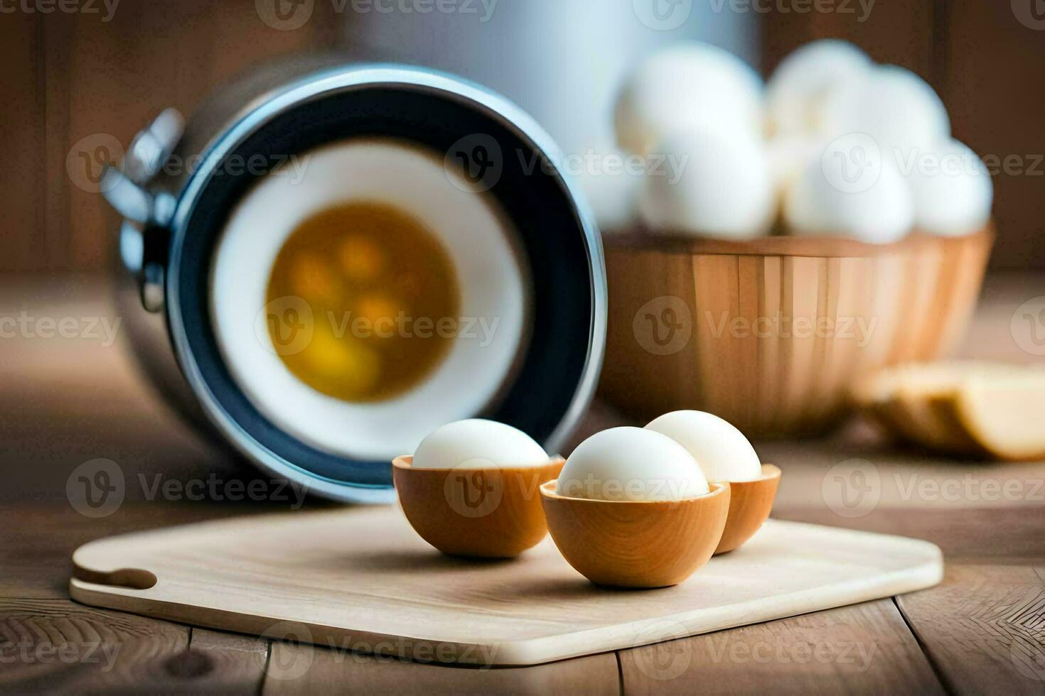 eggs on a cutting board next to a pot. AI-Generated photo