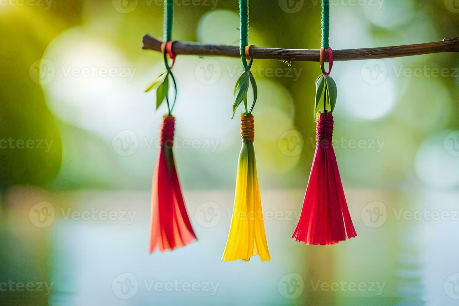 three colorful tassels hanging from a branch. AI-Generated photo