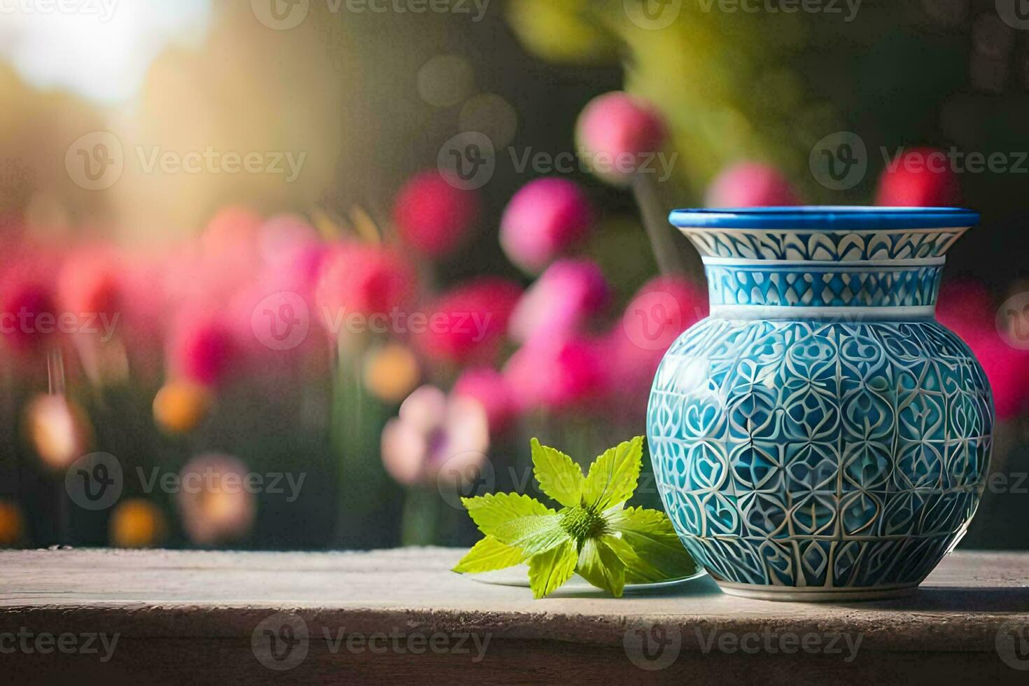 a blue vase with flowers on a table in front of a field. AI-Generated photo