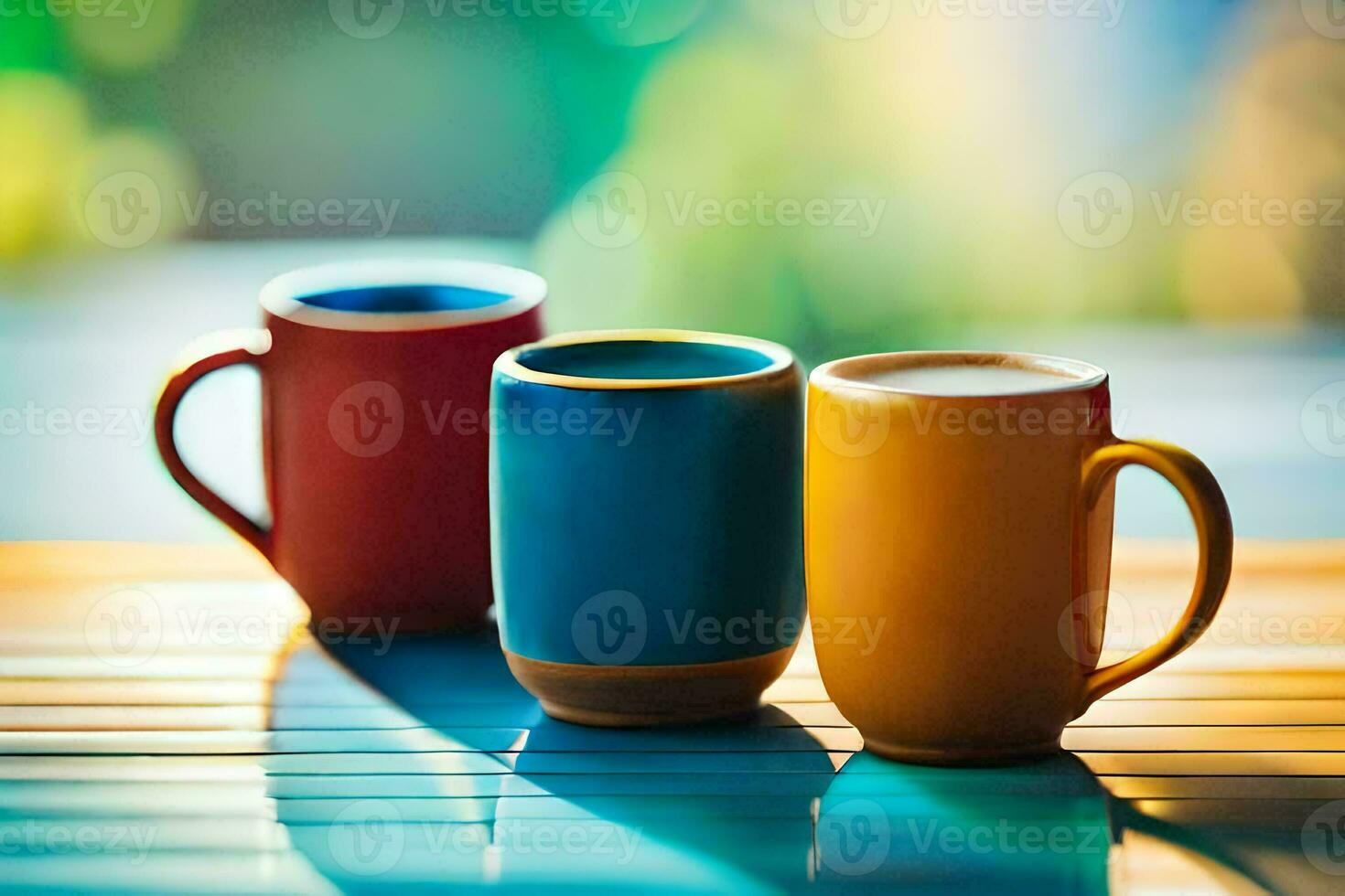 three colorful coffee cups sit on a wooden table. AI-Generated photo
