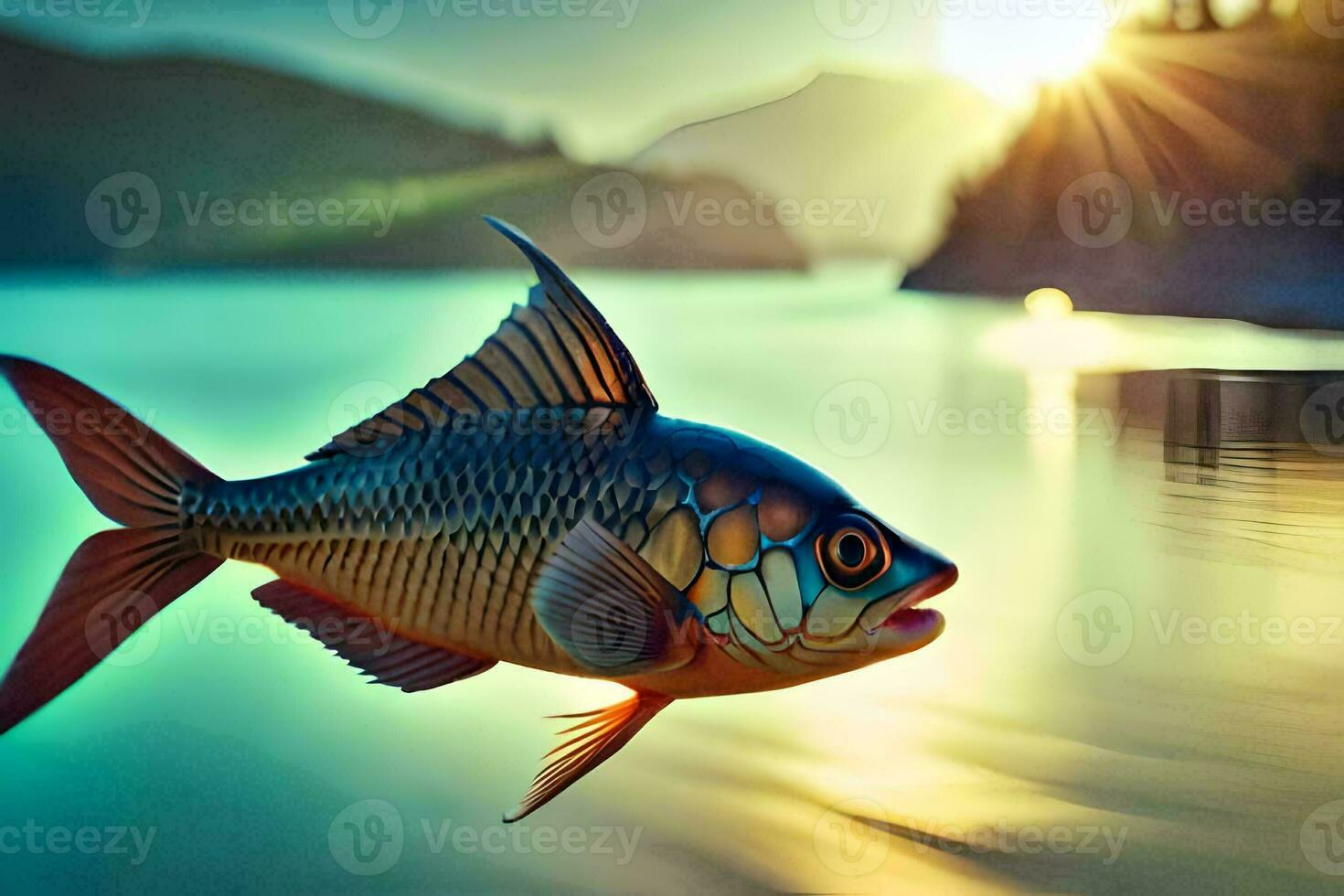 fish in the water at sunset with mountains in the background. AI-Generated photo