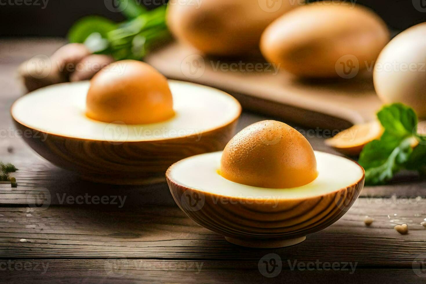 eggs in wooden bowls on a table. AI-Generated photo