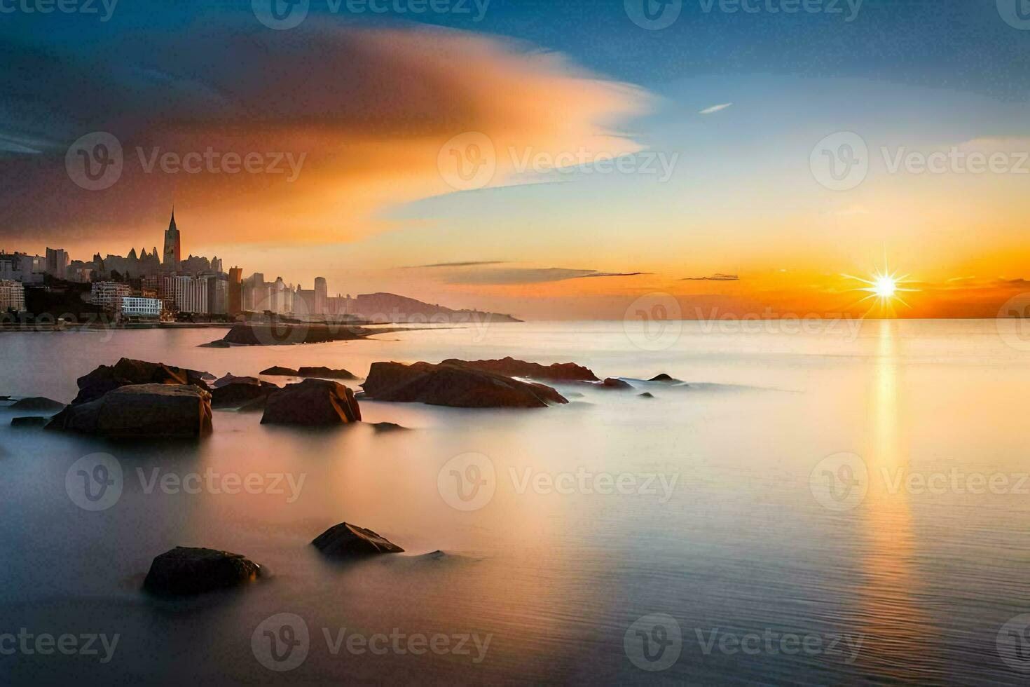 the sun sets over a city and the ocean. AI-Generated photo