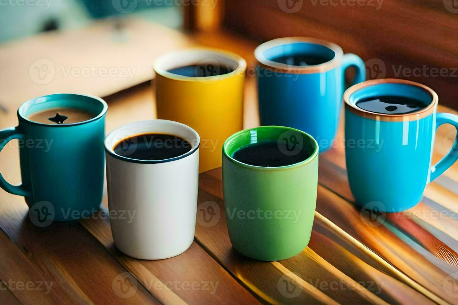 five colorful coffee cups sitting on a wooden table. AI-Generated photo