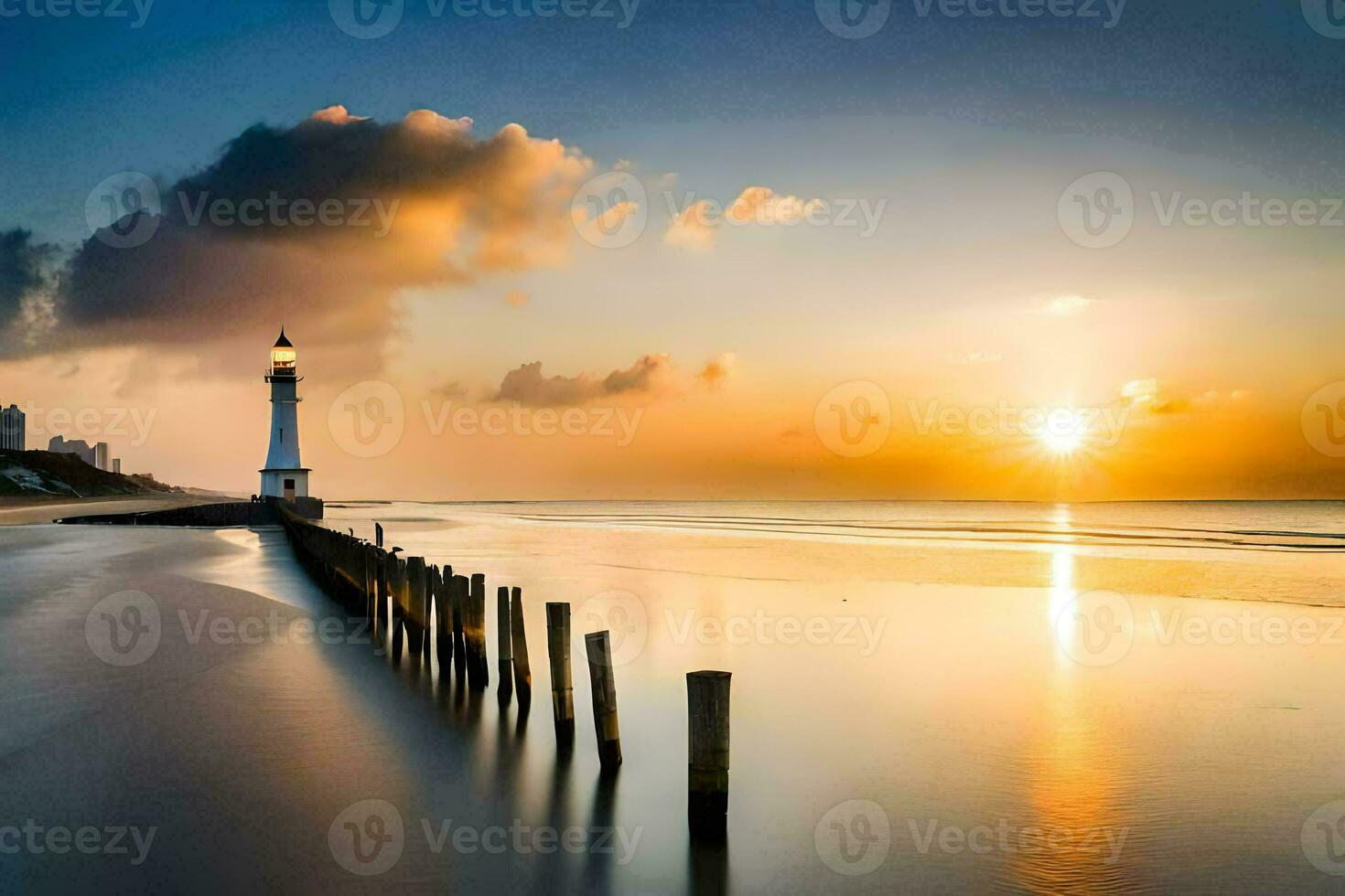 a lighthouse stands on the beach at sunset. AI-Generated photo