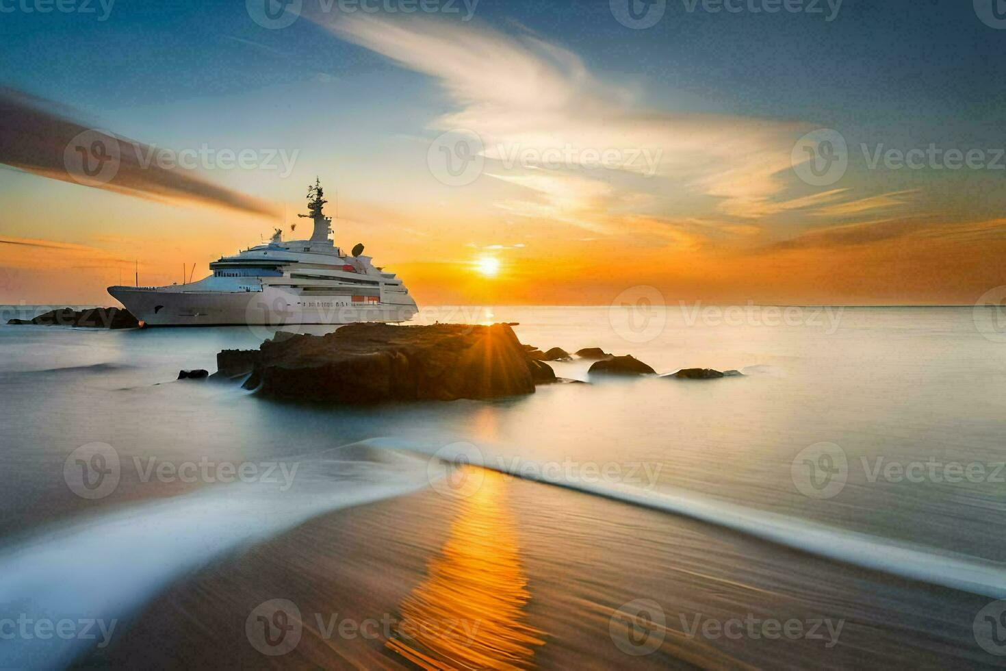 a yacht at sunset in the ocean. AI-Generated photo