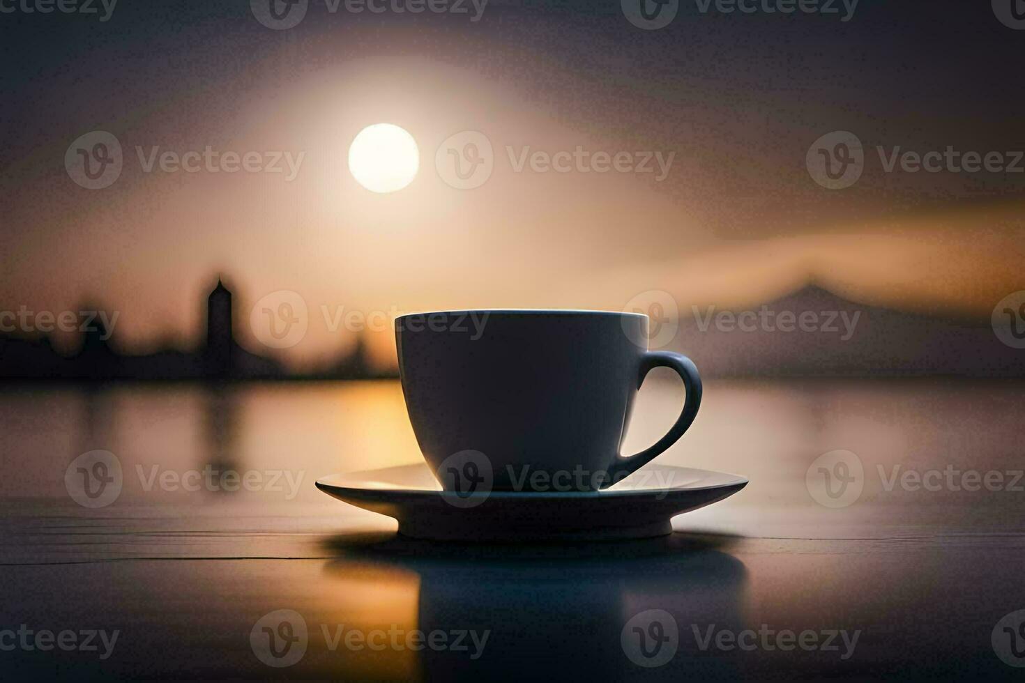 a cup of coffee on a table in front of a city. AI-Generated photo