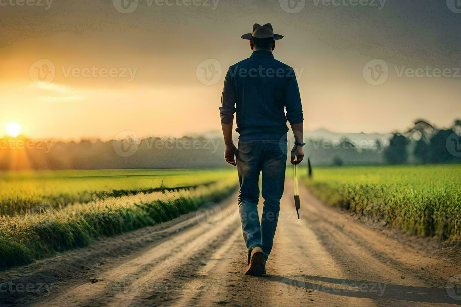 man walking on a dirt road with a hat and cane. AI-Generated photo