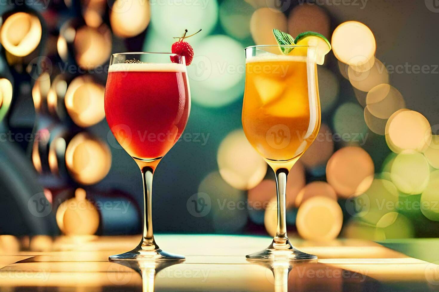 two glasses of cocktails on a table with bokeh lights. AI-Generated photo