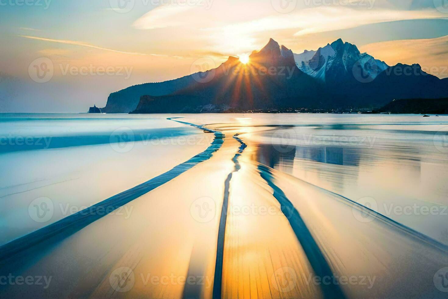 the sun is setting over a mountain range and the waves are moving in the water. AI-Generated photo