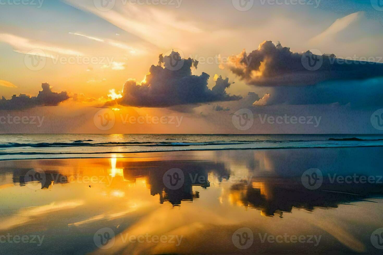 a sunset over the ocean with clouds reflected in the water. AI-Generated photo