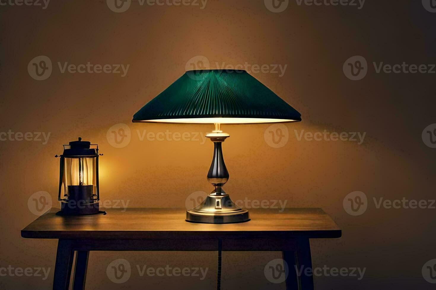 a lamp on a table next to a lantern. AI-Generated photo