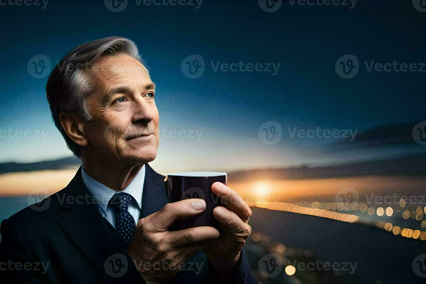 a man in a suit holding a coffee cup. AI-Generated photo