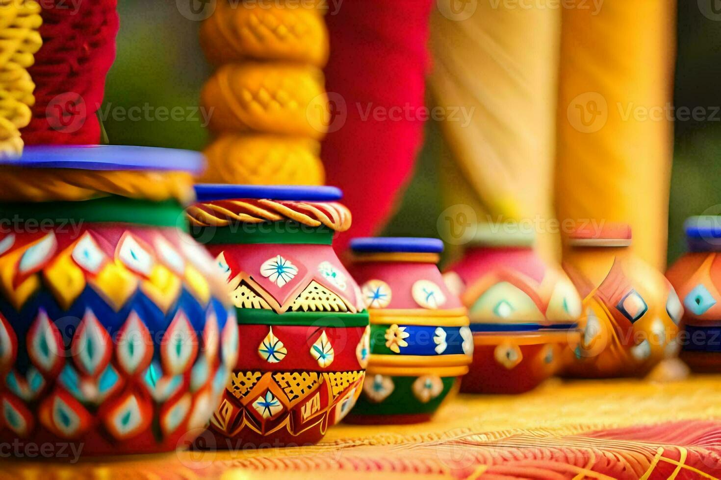 colorful vases are lined up on a table. AI-Generated photo