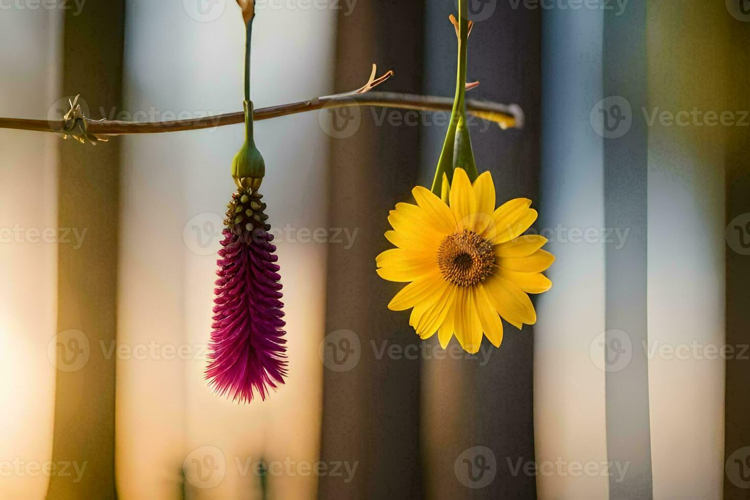 two flowers hanging from a branch with the sun setting behind them. AI-Generated photo