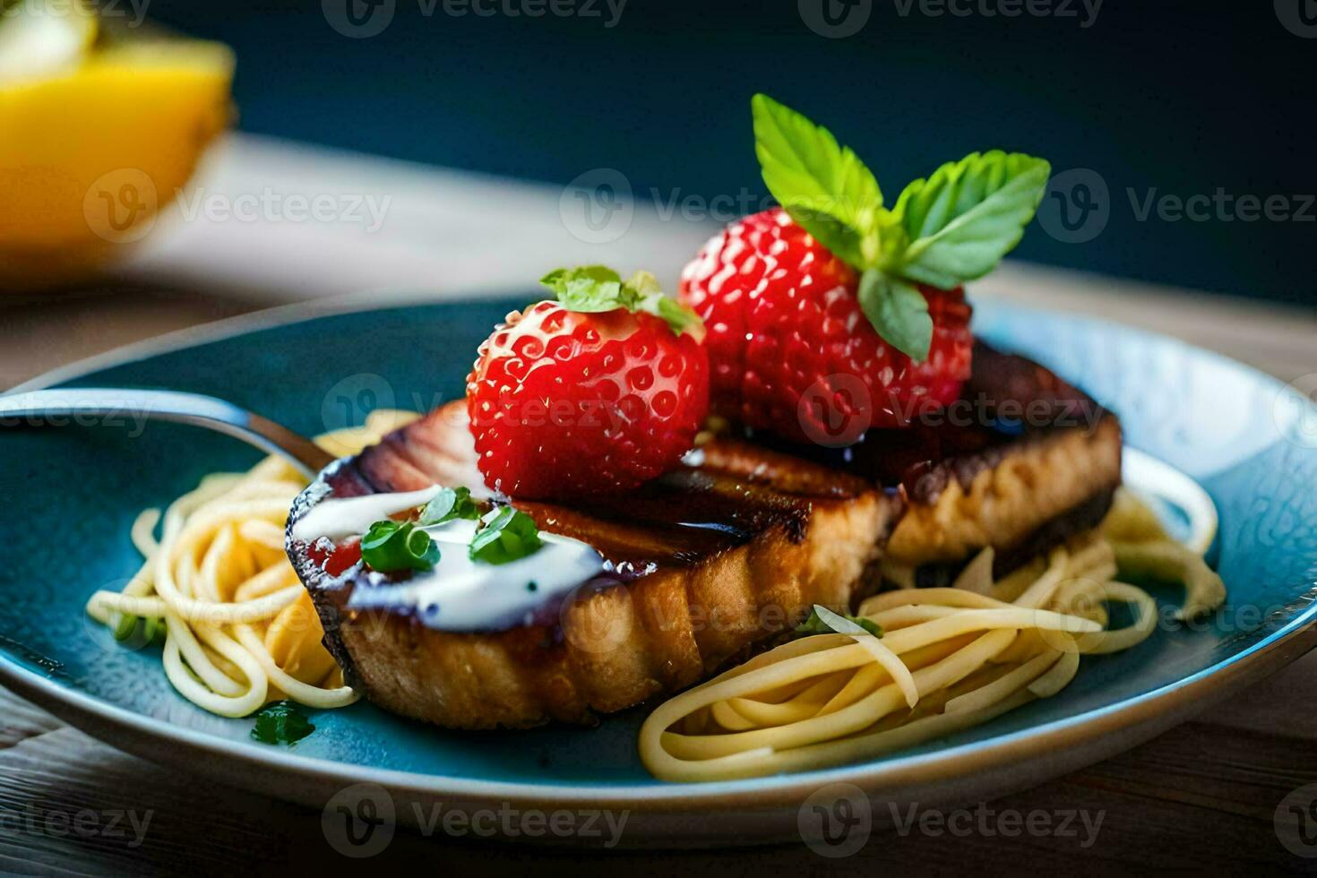 a plate of spaghetti with a grilled salmon and strawberries. AI-Generated photo