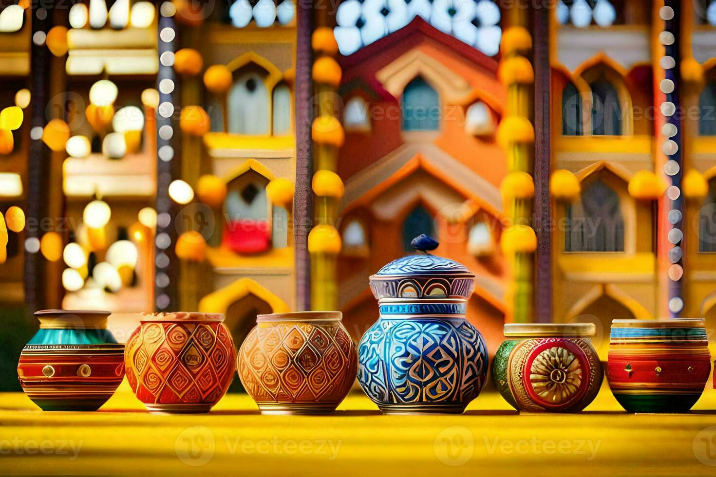 a row of colorful vases lined up in front of a building. AI-Generated photo